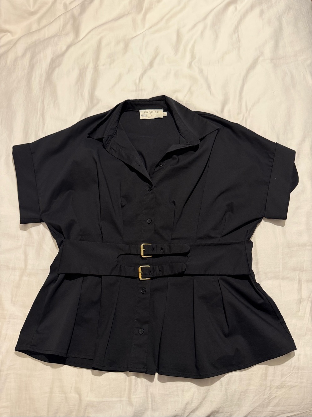Exquise Black Short-Sleeve Belted Button-Front Women’s Top